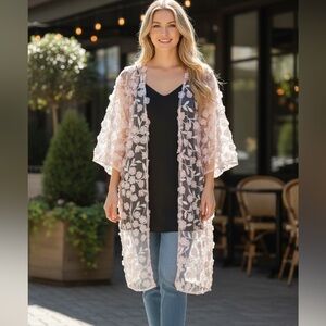 Sheer Floral Embroidered Kimono - Pale Pink